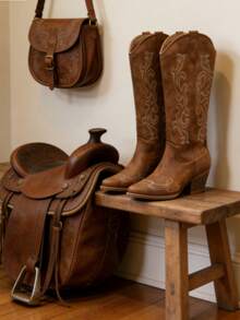 Women's Pointed Toe Mid-Calf Boots, Embroidered Suede Thick Heel Boots Pull-On Embroidered Brown Western Style Boots, Round Toe Mid-Calf Casual Riding Boots, Fashionable And Versatile Short-Barrel Cowboy Boots, New Autumn And Winter StylesWomen's Slip-On Boots, Classic, Elegant And Retro Style With Embroidery Design, Western Mid-Calf Boots Suitable For Music Festivals, Vacations And Travel Fashion. - 棕色 - 查看 1