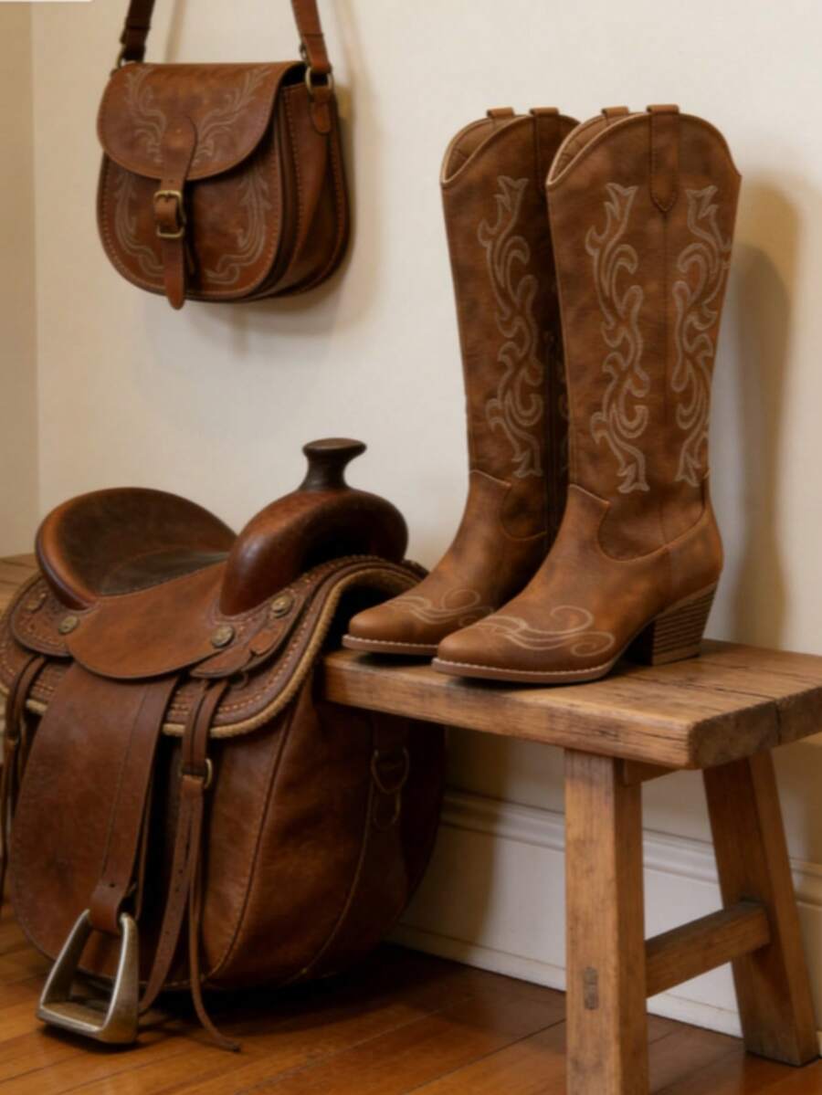 Women's Pointed Toe Mid-Calf Boots, Embroidered Suede Thick Heel Boots Pull-On Embroidered Brown Western Style Boots, Round Toe Mid-Calf Casual Riding Boots, Fashionable And Versatile Short-Barrel Cowboy Boots, New Autumn And Winter StylesWomen's Slip-On Boots, Classic, Elegant And Retro Style With Embroidery Design, Western Mid-Calf Boots Suitable For Music Festivals, Vacations And Travel Fashion. - 棕色 - 查看 1