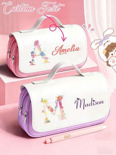 Custom Pencil Case, 26 Letter Patterns, Custom Text, Solid Color Pencil Case, Stationery Bag, Stationery Bag With Handle, Multiple Colors, Zipper Closure, Large Capacity