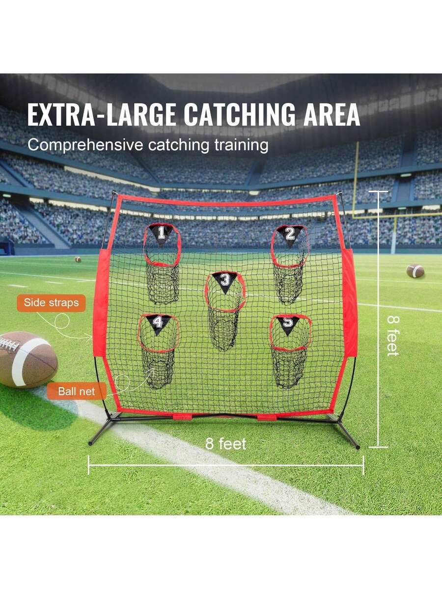 8 X 8 Ft Football Trainer Throwing Net, Training Throwing Target Practice Net With 5 Target Pockets, Knotless Net Includes Bow Frame And Portable Carry Case, Improve QB Throwing Accuracy, Red - Red - View 1