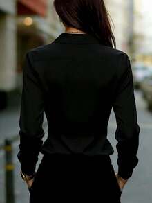 Women's Satin Long Sleeve Collared Shirt, Elegant Polyester Blouse Top Black Spring - Black - View 4