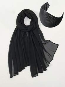 1 Set Of Combined Chiffon Scarf + Fixed Hairband, Women's Muslim Multi-Functional Headscarf, Forehead Hair Fixing Hairband, Versatile Two Pieces Set And Festive Gift - Scarf and Headband Combination - View 17