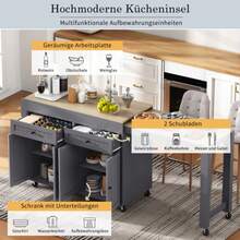 Kücheninsel Auf Rollen, Ausziehbarer Essbereich Kücheninsel Mit Arbeitsplatte Und Schubladen, Mobile Kücheninsel Freistehend, Ideal Für Küche Und Esszimmer (Grau+Natur) - Grey - View 2