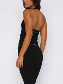 Women's Buckle Halter Top, Y2K Plunge Neck Open Back Crop Tops Front Cut Out Sleeveless Slim Tank Tops Summer Hollowed Vest Shirt For Club Party Streetwear - 黑色 - 查看 3