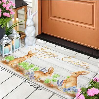 1Pc Easter Three Rabbits Pattern Polyester Doormat/Rugs, Easy To Clean, Non-Slip, Four Season Used For Entrance Indoor Outdoor Kitchen Garden Bathroom Bedroom Yard Decor, For Birthday Gift Holiday Festival Party Decoration