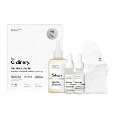  The Ordinary 迷你套装，含 7% 果酸爽肤水 100ml、10% 烟酰胺 + 1% 锌 15ml、2% 玻尿酸 + 维生素 B5 15ml