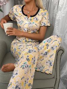 Women's Pajamas Stitch Print Lace Trim Rolled Button Short-Sleeve And Long-Pants Set - Multicolor - View 1