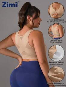 Zimi Collection 1pc Plus Size Women Seamless Wireless Zip-Front Sports Bra, Comfortable Racerback Design For Outdoor Cycling, Running, Yoga - Apricot - View 5