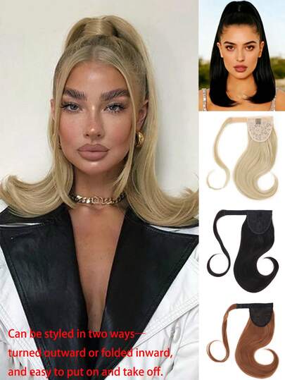 Solid Color Casual Synthetic Fiber Hook & Loop Ponytail, European & American Style Mid-Length Slightly Curled Fake Ponytail Hair Extension