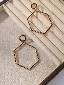 1 Pair Minimalist Geometric Hexagon Earrings With Black & Gold Rhinestone, Hollow Design, Luxurious & Versatile For Daily Wear, Party, Ins Style Niche Jewelry - Black - View 5