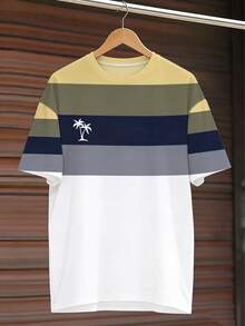 Fashionable Gradient Striped Plus Size Men's Short Sleeve T-Shirt Minimalist Palm Tree Logo Print Plus Size Casual T-Shirt, Suitable For Daily Wear And Outdoor Exercise Colorblock Plus Size T-Shirt For Summer - Multicolor - View 7