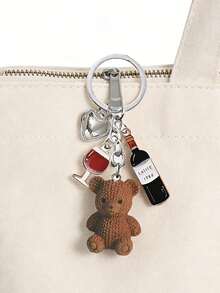1 Stück süßer Teddybär Schlüsselanhänger Anhänger, gestrickter Teddybär-förmig mit Weinflasche, Weinglas und Herz Dekor, Mini Harz Material, geeignet als modisches Accessoire für Frauen, Haustürschlüssel, Taschendekoration, Kopfhörer Anhänger, Handyhülle Anhänger, Auto Schlüsselanhänger, ideal als Geschenk zu Feiertagen und Geburtstagen - Verschiedenfarbig - Übersicht 7