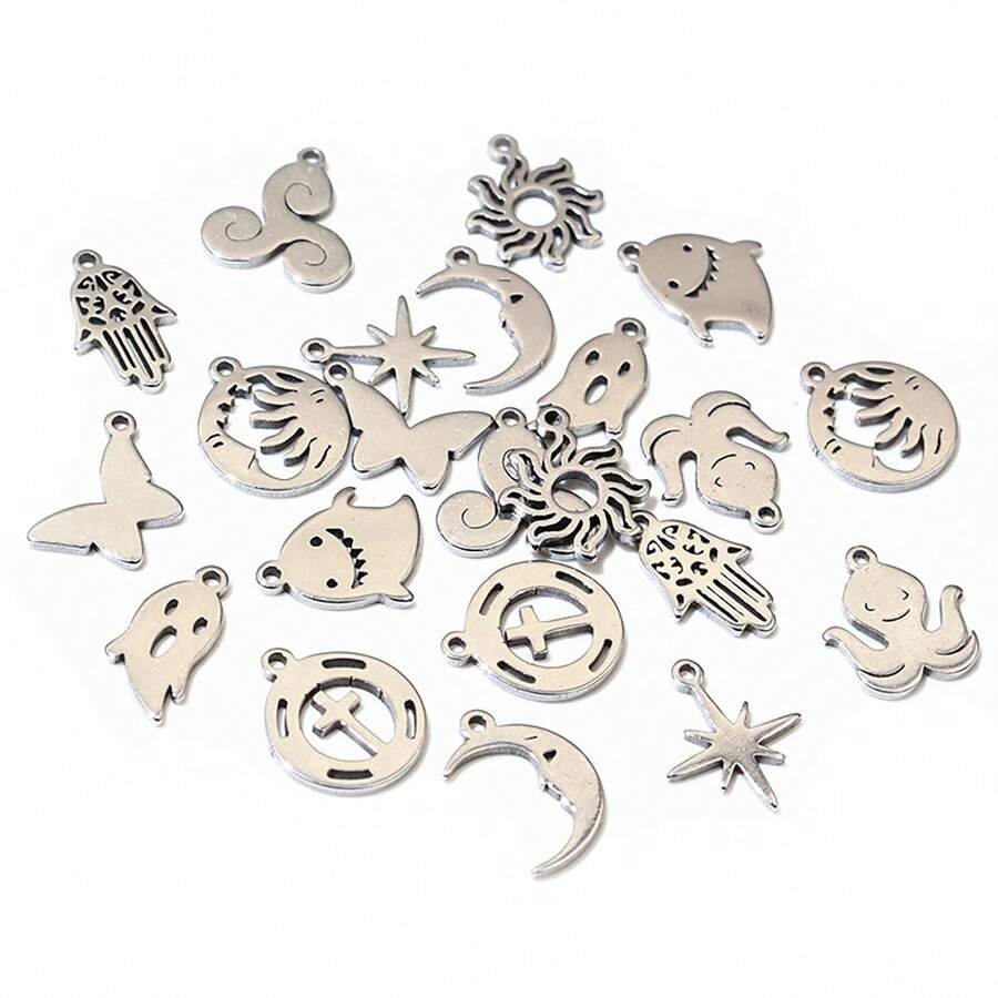 20pcs Stainless Steel Small Charms Ghost Moon Butterfly Star Cute Pendant Charm DIY Jewelry Making Accessories Necklace Bracelet - Steel - View 1