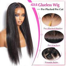 Perruques lisses en cheveux humains pré-épilés, densité 180 %, pré-coupées, lace front 4x4, cheveux de Malaisie, faciles à poser et sans colle, idéales pour les débutantes. - Natural Black - Voir 3