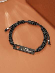 1件不锈钢雕刻几何镂空心形编织手链 - 黑色 - 查看 7