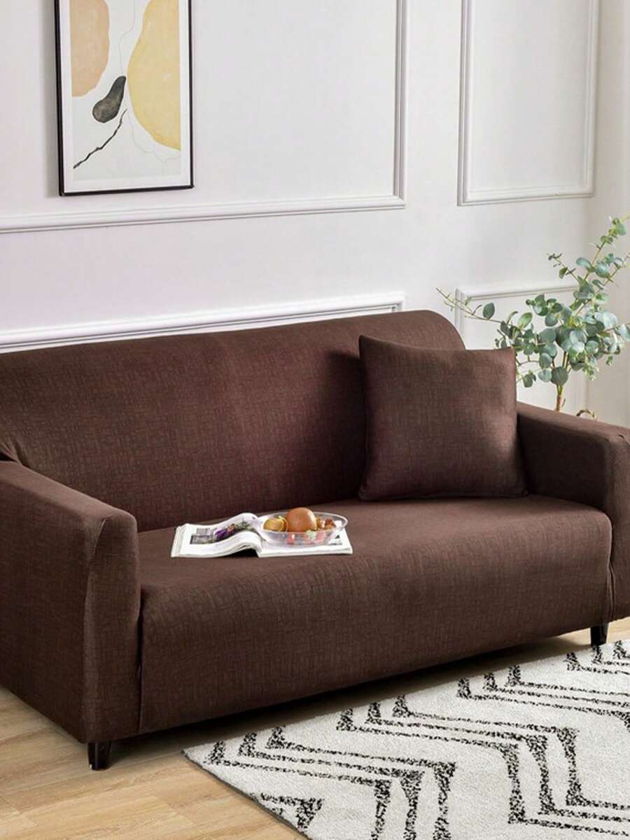 1pc Stretch Full Sofa Cover, Floral Pattern, Modern Style Polyester Fabric, Machine Washable, Protects Sofa, Dust & Dirt Resistant - Dark Brown - View 1