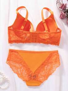 Conjunto de lencería elegante de encaje | Sujetador de alto soporte con ribete de encaje en contraste y pantie de cintura media, unicolor, relleno no extraíble - Naranja - View 2