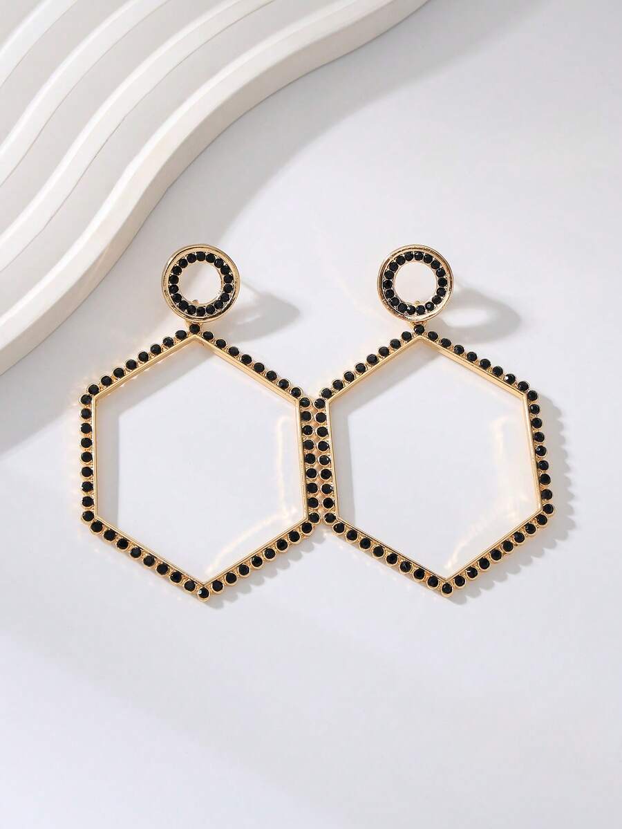 1 Pair Minimalist Geometric Hexagon Earrings With Black & Gold Rhinestone, Hollow Design, Luxurious & Versatile For Daily Wear, Party, Ins Style Niche Jewelry - Black - View 1