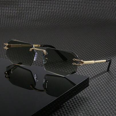Vintage Luxury Frameless Gradient Color Fashion Glasses With Engraved Metal Temples, Multiple Colors