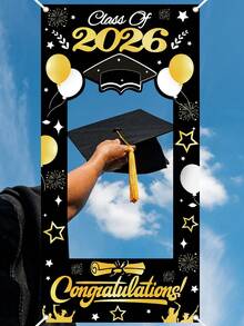 2D Flat, 1pc 2026 Graduation Photo Frame Banner, 60x120cm Black&Golden Polyester Class Of 2026 Congratulations Graduate Grad 2026 Photobooth Props, Graduation Party Picture Backdrop Background For High School College Grad, Graduation Party Supplies - Multicolor - View 8