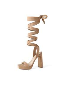 Women's Strappy High Chunky Platform Square Toe Heel Pump Dress Party Sandals - Màu be - Xem 1
