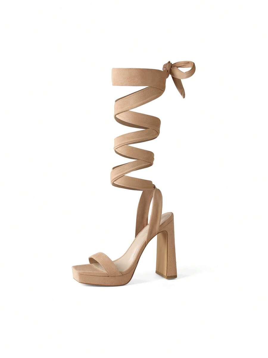 Women's Strappy High Chunky Platform Square Toe Heel Pump Dress Party Sandals - Màu be - Xem 1