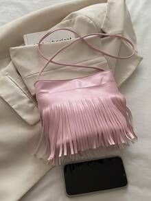 Nuevo bolso de mano de mujer de unicolor con borlas de moda, bolso de hombro diagonal tipo cubo de gran capacidad - Rosa - Ver 3