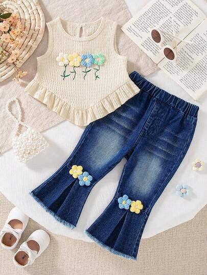 Baby Girls Cute Floral Decor Waist Cinched Sleeveless Top + Dark Denim Flare Pants