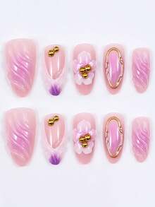 30pcs French Purple 3D Flower Press On Fake Nails , Nails Supplies Art Perfect For Everyday Wear - Multicolor - View 7