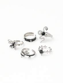 Bộ 4 chiếc nhẫn kiểu cổ điển màu đen Y2K, đính đá và men hình rắn, hoa hồng, nhẫn hở ngón dành cho nữ. - Bạc - Xem 5
