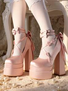 Bow Platform Chunky Heels For Women Satin Square Toe Mary Jane Cross Strap Pumps Elegant Outfits Party Dress Dancing Princess Shoes - 粉紅色2 - 查看 5