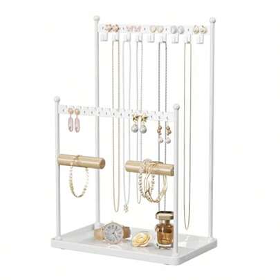 Organizador de joyas de 3 niveles en color dorado con 44 agujeros y 9 ganchos para collares, pulseras y anillos