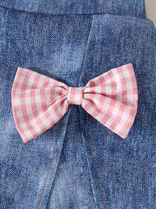 Baby Girls' Pink Plaid Camisole Top + Faux Denim Shorts Set, Ruffled Bow Decor, Summer Outfit - Baby Pink - View 6