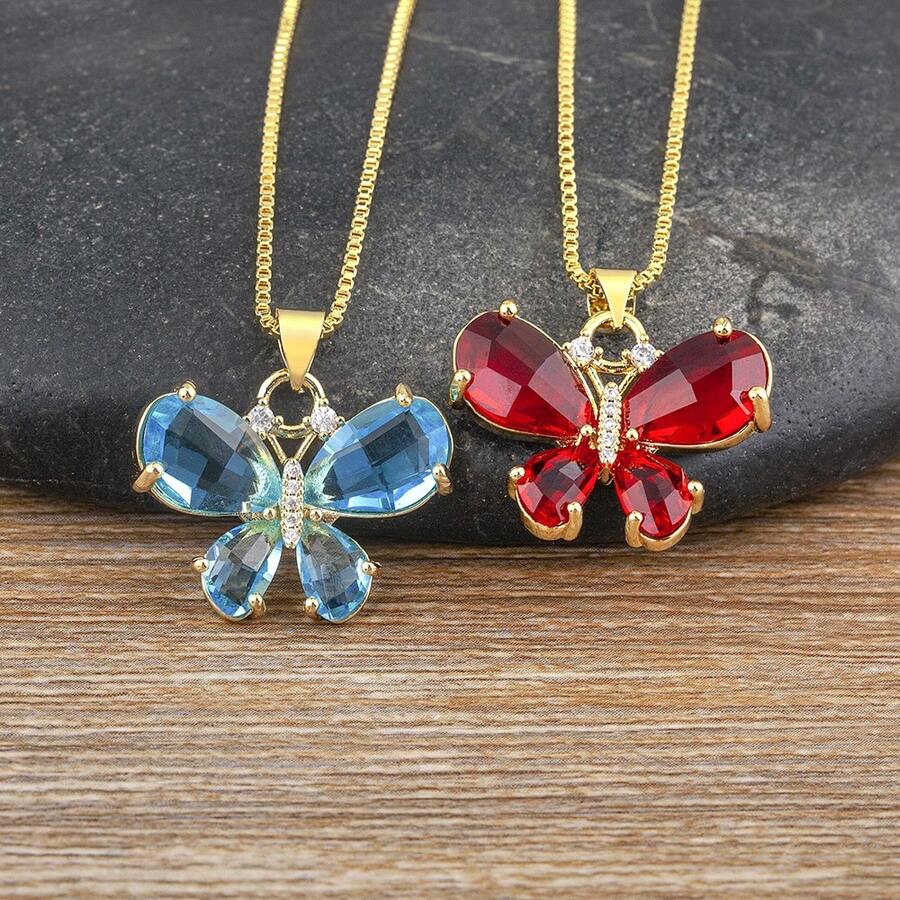 Classic Romantic Butterfly Crystal Zirconia Pendant Necklace 7 Colors For Women Girls Fashion Cute Aesthetic Clavicle Chain Jewelry - Pendant Necklace - View 1