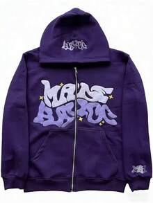 Y2K Retro Star And Letter Printed Zipper Hoodies,Spring Autumn Harajuku Y2K Women And Men Fashion Hip Hop Long Sleeve Hooded ,Avant-Garde - Street Casual Spring/Fall Loose Zipper Pocket Patched,Autumn And Winter Gothic Coat - Màu tím - Xem 1