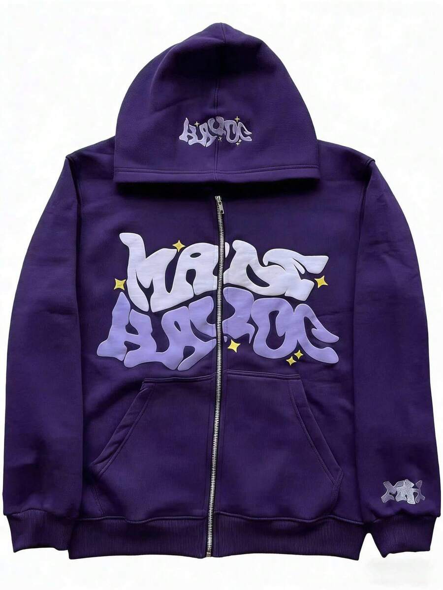 Y2K Retro Star And Letter Printed Zipper Hoodies,Spring Autumn Harajuku Y2K Women And Men Fashion Hip Hop Long Sleeve Hooded ,Avant-Garde - Street Casual Spring/Fall Loose Zipper Pocket Patched,Autumn And Winter Gothic Coat - Màu tím - Xem 1