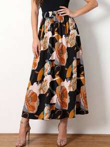 女士花卉印花松紧腰休闲中长裙 - 黑色 - 查看 3