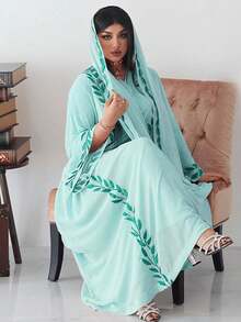 Middle Eastern Fashion Street Style Summer Chiffon Long Embroidered Pink Round Neck Dress With Headscarf - Mint Green - View 2