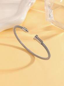 1 件时尚不锈钢圆形开口手镯，简约百搭，适合日常佩戴 - 銀色 - 查看 1