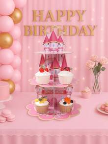 一套粉色公主城堡生日派对蛋糕架，粉色纸质纸杯蛋糕和甜点展示架，纸质蛋糕托盘，适用于蛋糕装饰、熊主题性别揭晓派对桌面装饰、婴儿派对桌面装饰、房间装饰、熊主题生日派对装饰、派对礼品、粉色女宝宝派对用品、节日故事装饰、厨房装饰 - 粉紅色城堡 - 查看 4