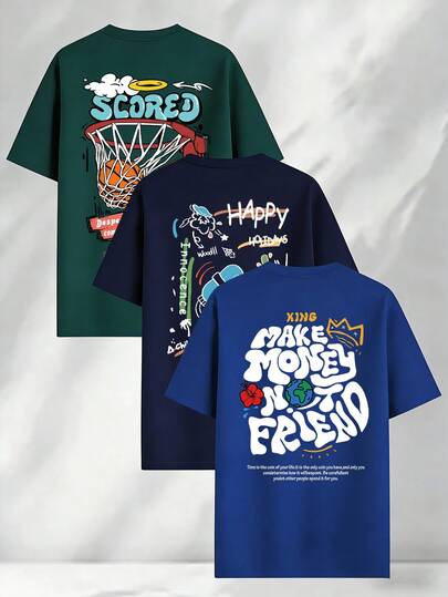 3件装美式街头嘻哈涂鸦印花男士短袖T恤，夏季宽松版型，舒适透气，引领时尚潮流
