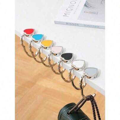 1pc Solid Color Heart Shaped Foldable Metal Hook - Portable Handbag Holder Stand For Table, Desk, Compact Bag And Keychain Accessories