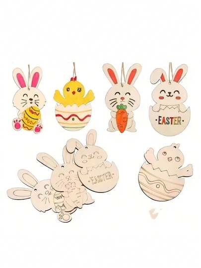 10个随机复活节木制小鸡和彩蛋挂饰，适合复活节主题木制装饰、DIY绘画和装饰、空白用于制作节日装饰品、艺术工艺品、家居装饰、复活节吊坠、家庭聚会和晚餐、复活节篮子填充物、桌面中心装饰品和春季派对。