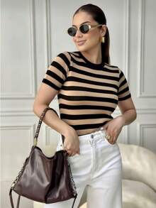 Modal Striped Short Sleeve Blouse With High Quality Elasticity - Beige - View 1