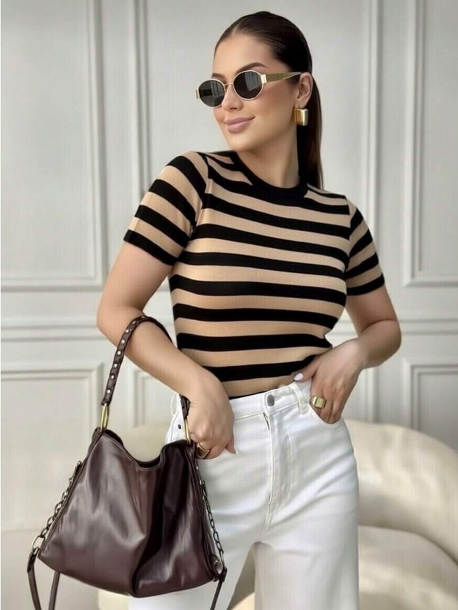 Modal Striped Short Sleeve Blouse With High Quality Elasticity - Beige - View 1