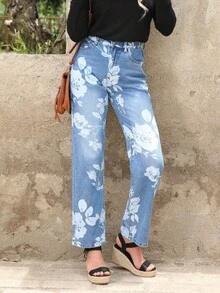 Jeans estampados florales mujer, cintura media un botón, sin elasticidad, holgados para diario y salida - Lavado ligero - Ver 4