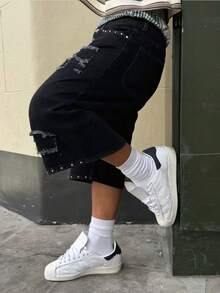 男士休闲时尚铆钉牛仔短裤 - 黑色 - 查看 5