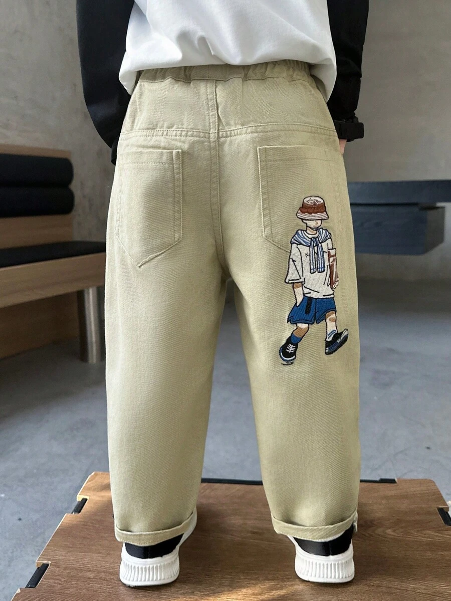 Young Boy Loose Fit Casual Cartoon Embroidered Denim Jeans, All Season