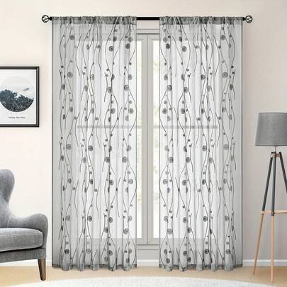 A Set Of Two Curtains, Transparent Curtains, Featuring A Embroidered Wave Design With A Spiral Pattern. These Semi-Transparent Sheer Curtains Are Suitable For Bedrooms And Living Rooms.