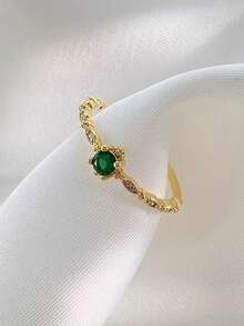 1枚奢华简约祖母绿镶嵌戒指，开口可调节 - 金色 - 查看 1